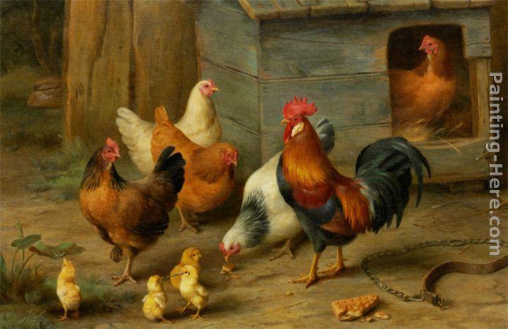 Edgar Hunt A Cockerel with Chickens